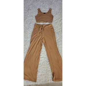 Womens Forever 21 Ribbed Camel Crop Top & Wide-Leg Pant Set